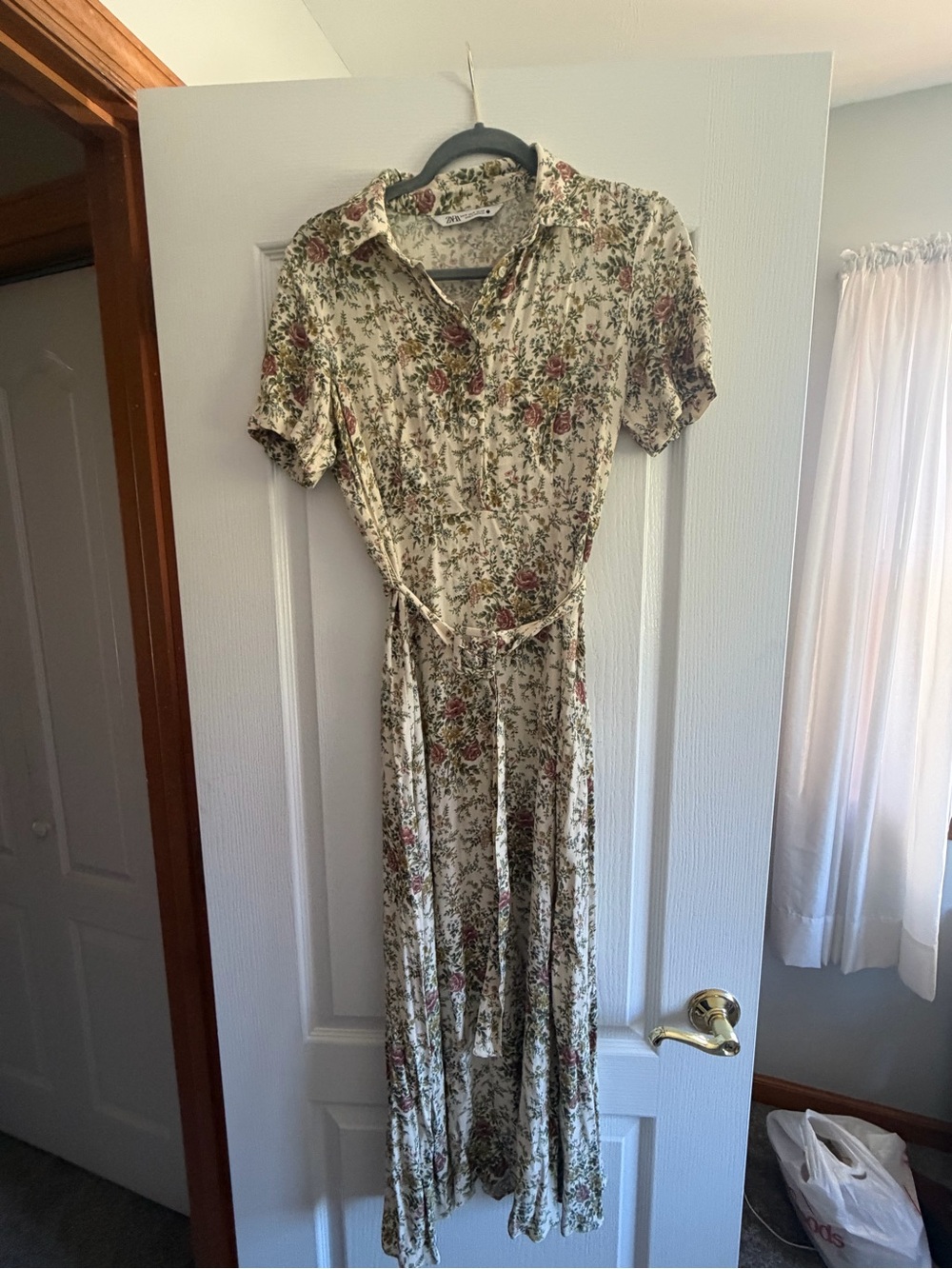 Zara Cream Floral Maxi Dress with Pink and Green Accents